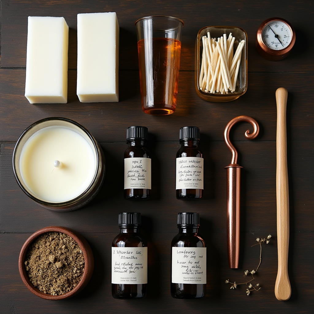 Материалы для свечей разложены на столе — вид сверху